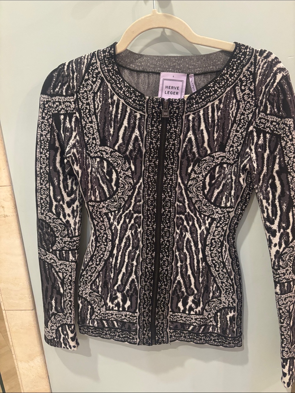 Herve Leger Black and White Zip-Front Patterned Cardigan
